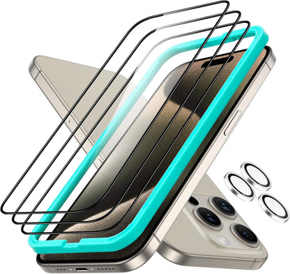 ESR 3+1 Pack for iPhone 15 Pro Max Screen Protector, [9H Hardness] [Military Grade Shatterproof] Full Coverage Ultra-tough Tempered Glass Film, Easy Installation Frame, 1 Set of Camera Lens Protector