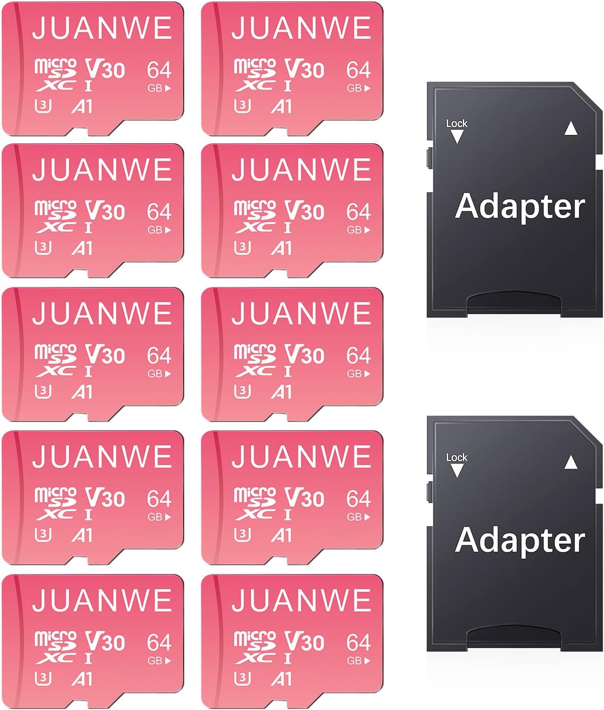 JUANWE 10 Pack 64GB Micro SD Card 64 GB Memory Card MicroSDXC SD Card 64GB TF Cards UHS-I A1 U3 V30 for 4K Video Recording (10 Pack, Pink)