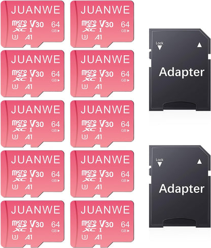 JUANWE 10 Pack 64GB Micro SD Card 64 GB Memory Card MicroSDXC SD Card 64GB TF Cards UHS-I A1 U3 V30 for 4K Video Recording (10 Pack, Pink)