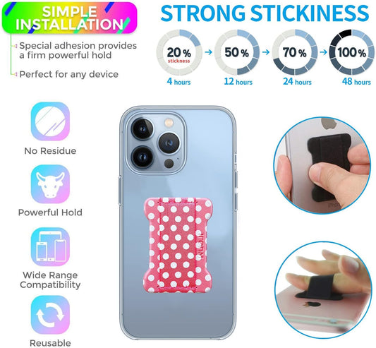 Universal Phone Grip for Smartphones - Phone Holder for Hand for Back of Phone - Wireless Charging Compatible (Dot Pink) - 2Pack