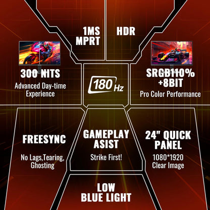 SANSUI 24 Inch Gaming Monitor 180Hz 1Ms FreeSync HDR 110% sRGB FHD 1080P Computer Monitor HDMI DP Ports Eye Care Frameless VESA Mount Cable Management (ES-G24F4L, HDMI Cable Included)