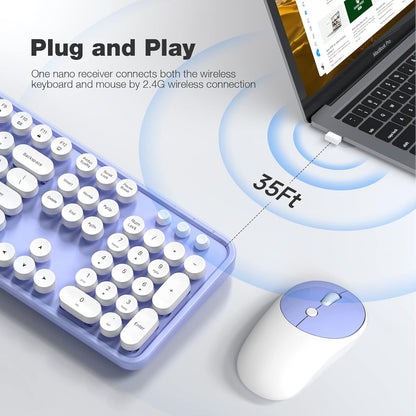 KNOWSQT Wireless Keyboard and Mouse Combo - White-Purple Full-Sized 2.4 GHz 104 Keys Typewriter Cute Keyboard, Round Keycap and Optical Mouse for Windows, Computer, PC, Laptop, Desktop
