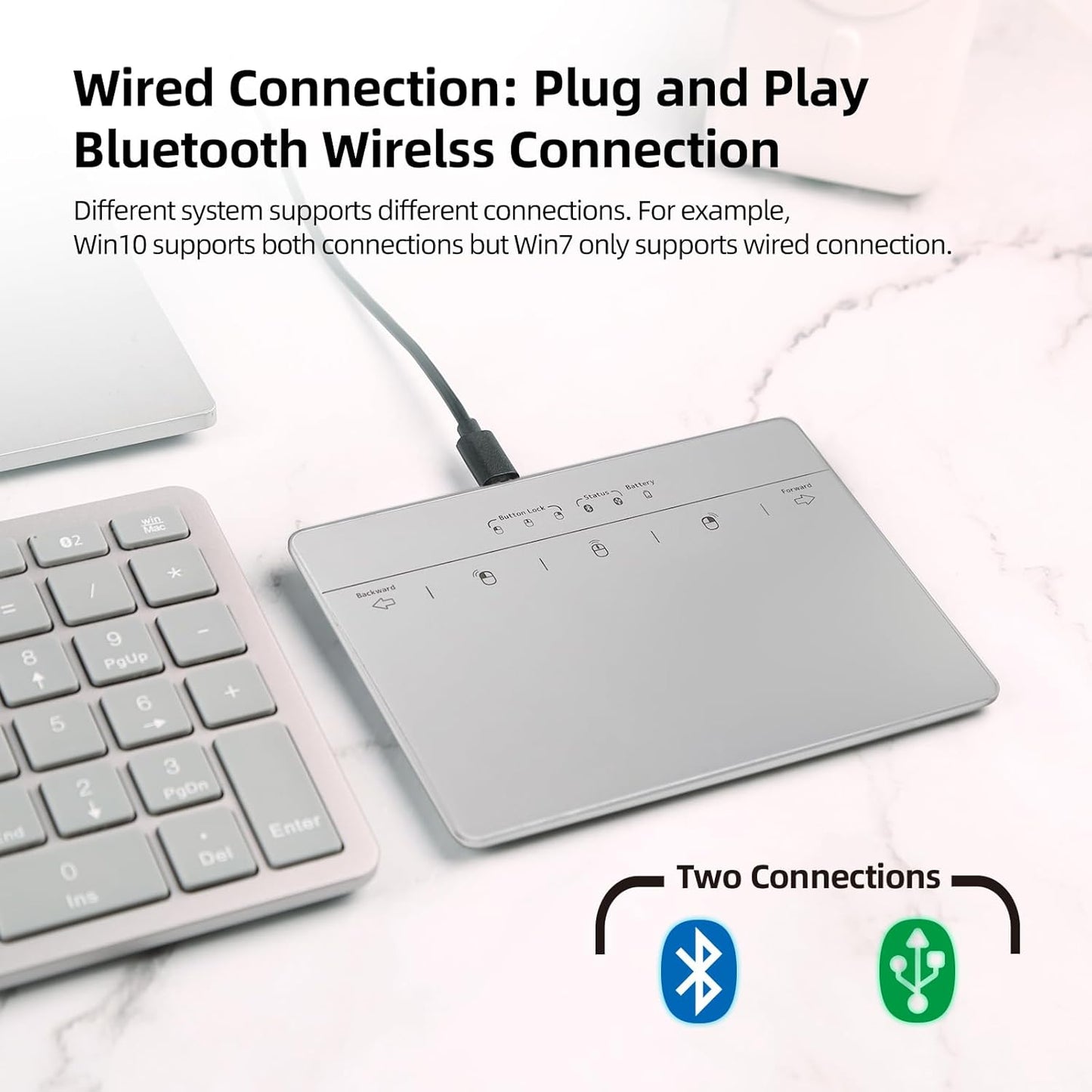 Wired & Wireless Metal Touchpad for PC Computer & Laptop, Rechargeable Trackpad Travel-Friendly Bluetooth & USB Mouse Pad for Windows 7/10/11, Silver