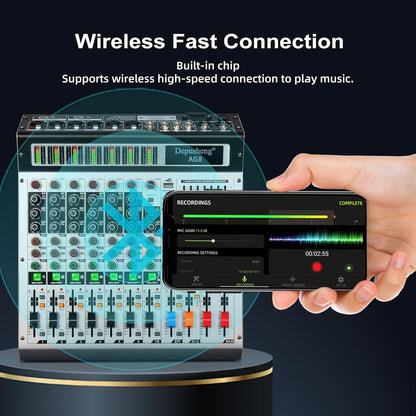 Depusheng AG8 Professional audio mixer 8 Channel with MP3 Player Source USB recording,With grouping and 2 AUX interfaces, 99DSP EFFECTfor Professional and Beginners