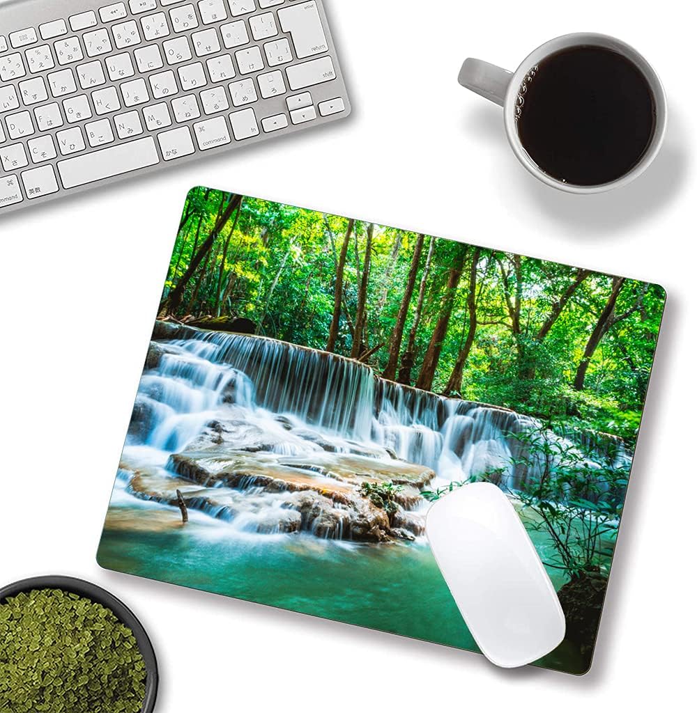 Mouse Pad, Forest Waterfall Natural Scenery Mouse Pad Custom Design, Square Waterproof Mouse Pad Non-Slip Rubber Base MousePads for Office Laptop, 9.5"x7.9"x0.12" Inch(Green Forest Waterfall)