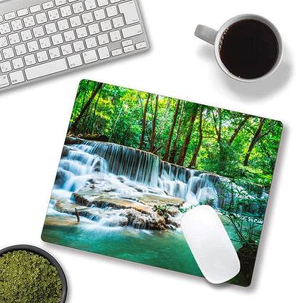 Mouse Pad, Forest Waterfall Natural Scenery Mouse Pad Custom Design, Square Waterproof Mouse Pad Non-Slip Rubber Base MousePads for Office Laptop, 9.5"x7.9"x0.12" Inch(Green Forest Waterfall)