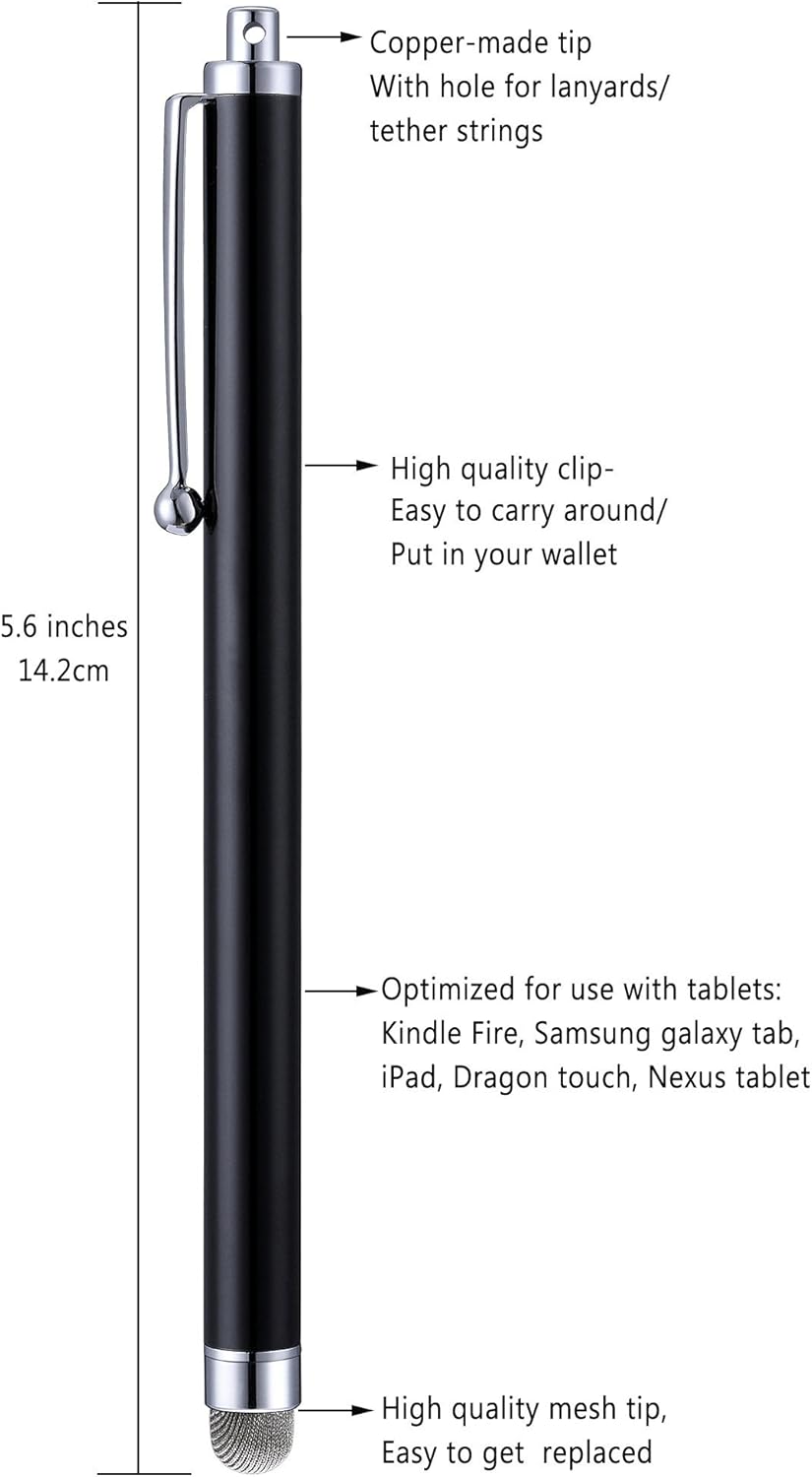 Stylus Pens, CCIVV 4 Pcs 5.6 Inches Mesh Tip Stylus for Touch Screens, iPad, iPhone, Kindle Fire, 4 Extra Replaceable Hybrid Fiber Tips (White, Black, Silver, Blue)