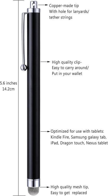 Stylus Pens, CCIVV 4 Pcs 5.6 Inches Mesh Tip Stylus for Touch Screens, iPad, iPhone, Kindle Fire, 4 Extra Replaceable Hybrid Fiber Tips (White, Black, Silver, Blue)