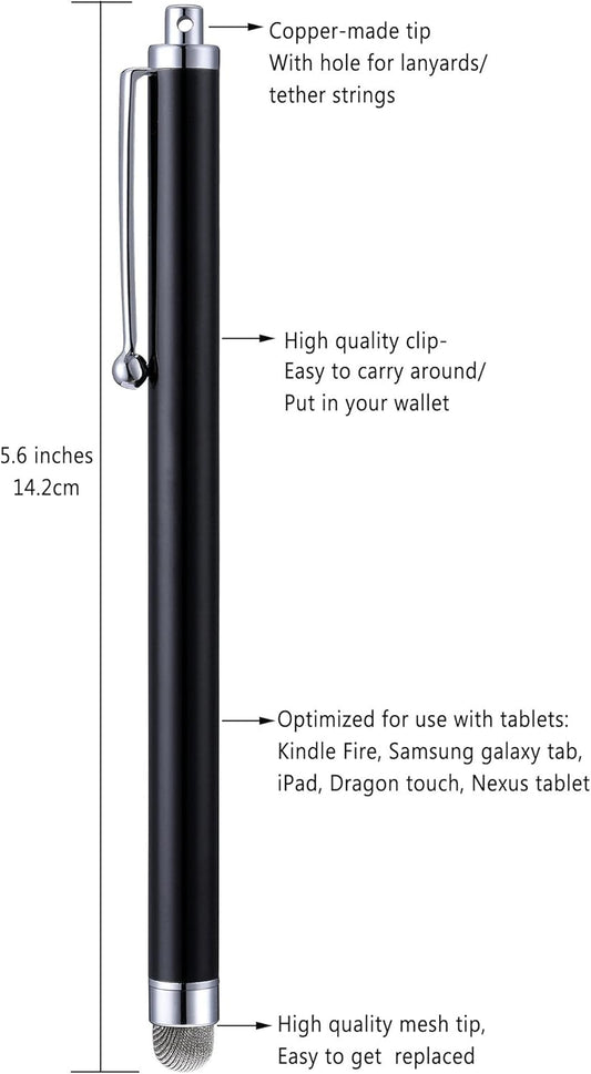Stylus Pens, CCIVV 4 Pcs 5.6 Inches Mesh Tip Stylus for Touch Screens, iPad, iPhone, Kindle Fire, 4 Extra Replaceable Hybrid Fiber Tips (White, Black, Silver, Blue)