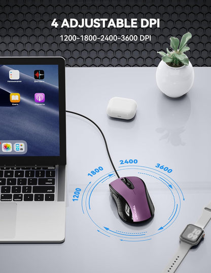 TECKNET USB Wired Mouse, 3600DPI Corded Computer Mouse with 4 Adjustable Levels, 6-Button 5FT Cord Ergonomic Mice, Home and Office Mouse for Laptop PC Desktop Notebook - Purple
