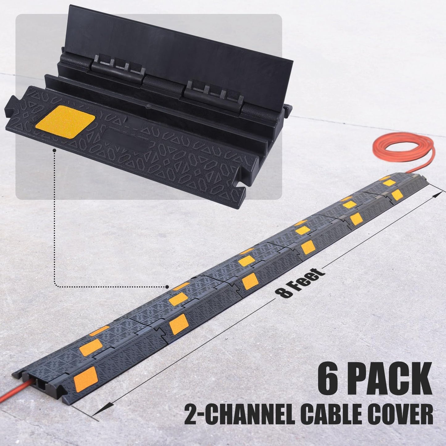 6 Pack 2-Channel Rubber Cable Protector Ramp, 17" x 10" x 1.8" inch Interlocking Floor Wire Cord Cable Cover, Visible at Night, Durable Rubber Speed Bump Hump Ramp (2-Channel 6 Pack)