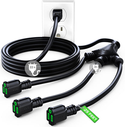 Maximm Extension Cord Splitter 12/3 AWG 1 to 3 Outlet, 25 Ft Black Indoor Outdoor Rated, Heavy Duty Power Cords with Multiple outlets, 12 Gauge Wire Grounded
