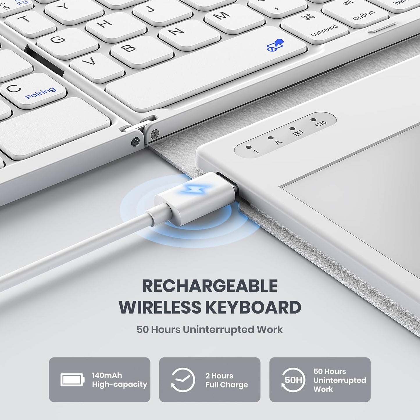 Foldable Bluetooth Keyboard, Portable Full Size Folding Keyboard with Large Touchpad, Numeric Keypad, PU Leather, Wireless Travel Keyboard for Windows Android Mac(White)
