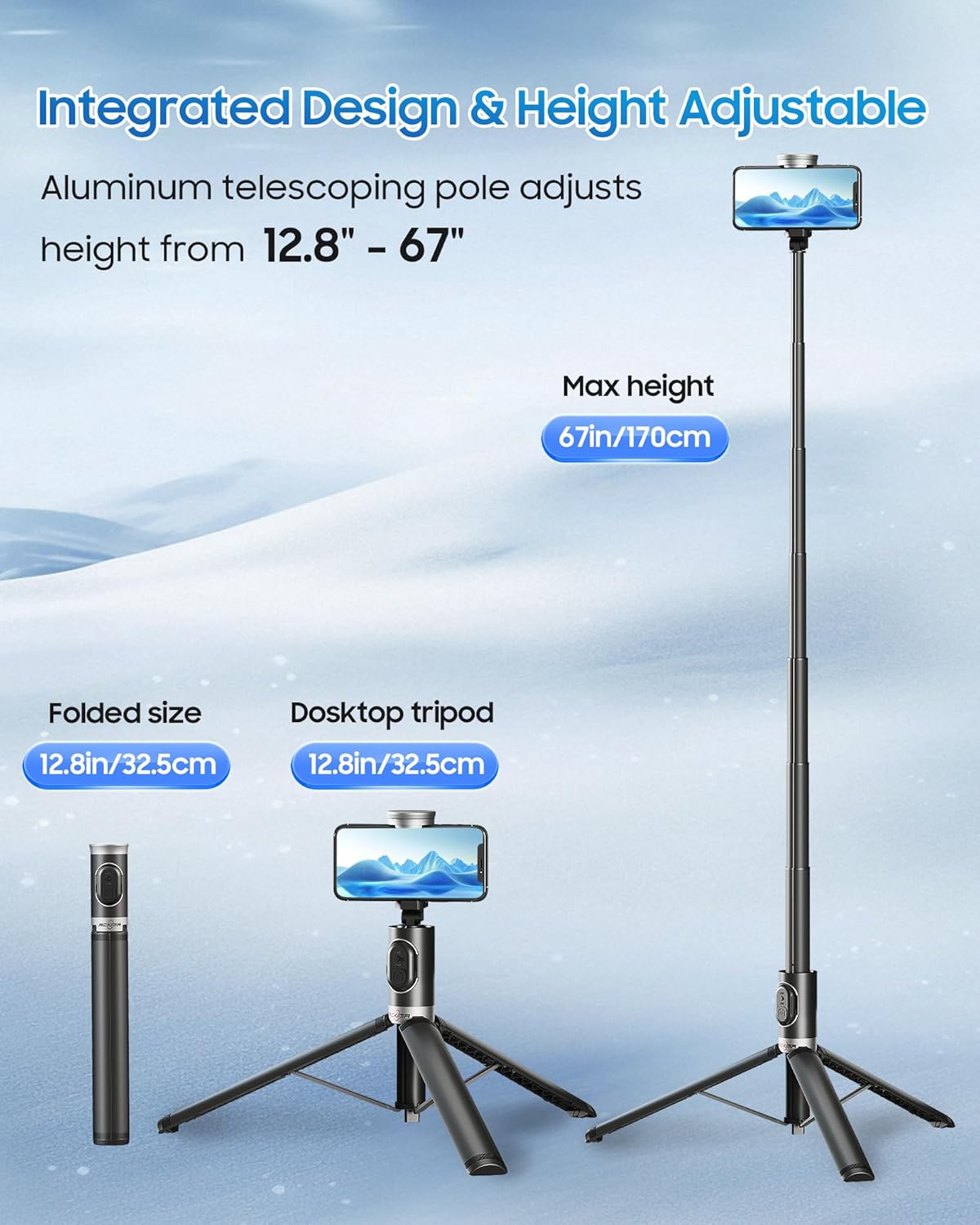 67" Selfie Stick Phone Tripod, All-in-1 Cell Phone Tripod with Wireless Remote, Extendable Compact Tripods Portable Travel Stand for iPhone Android Selfie/Video Recording/Live Stream/Vlog