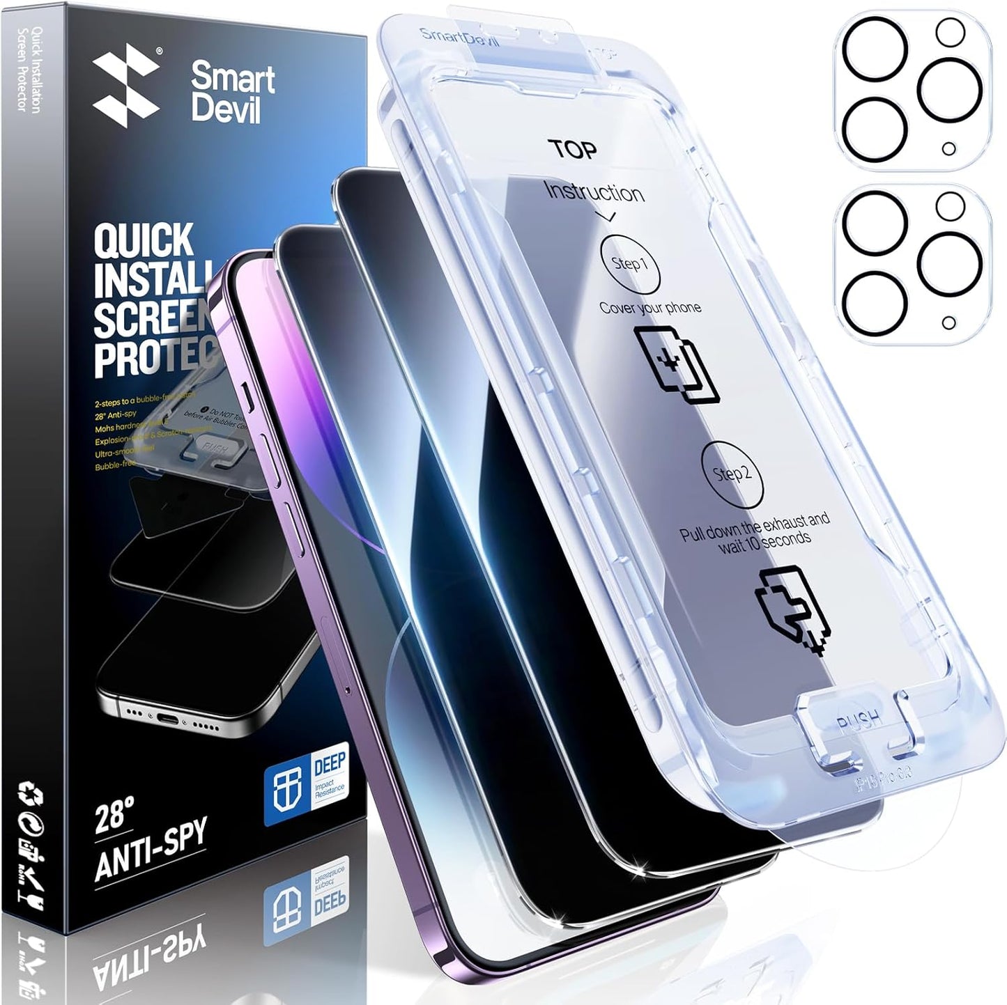 SMARTDEVIL 2+2Pack Privacy Screen Protector for iPhone 14 Pro with Camera Lens Protector,Shatterproof Tempered Glass [True 28°Anti Spy] [9H Hardness] [Automatic Dust-Elimination Install][Bubble Free]