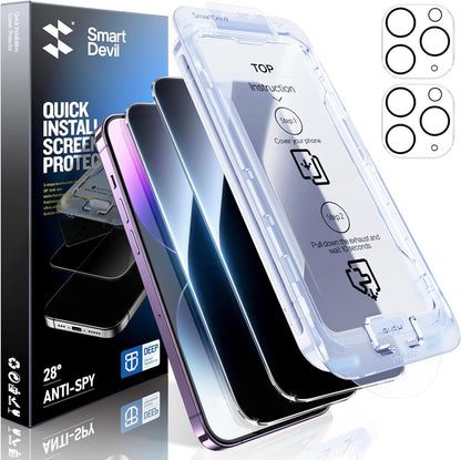 SMARTDEVIL 2+2Pack Privacy Screen Protector for iPhone 14 Pro Max with Camera Lens Protector,Shatterproof Tempered Glass [True 28°Anti Spy][9H Hardness][Auto Dust-Elimination Install][Bubble Free]
