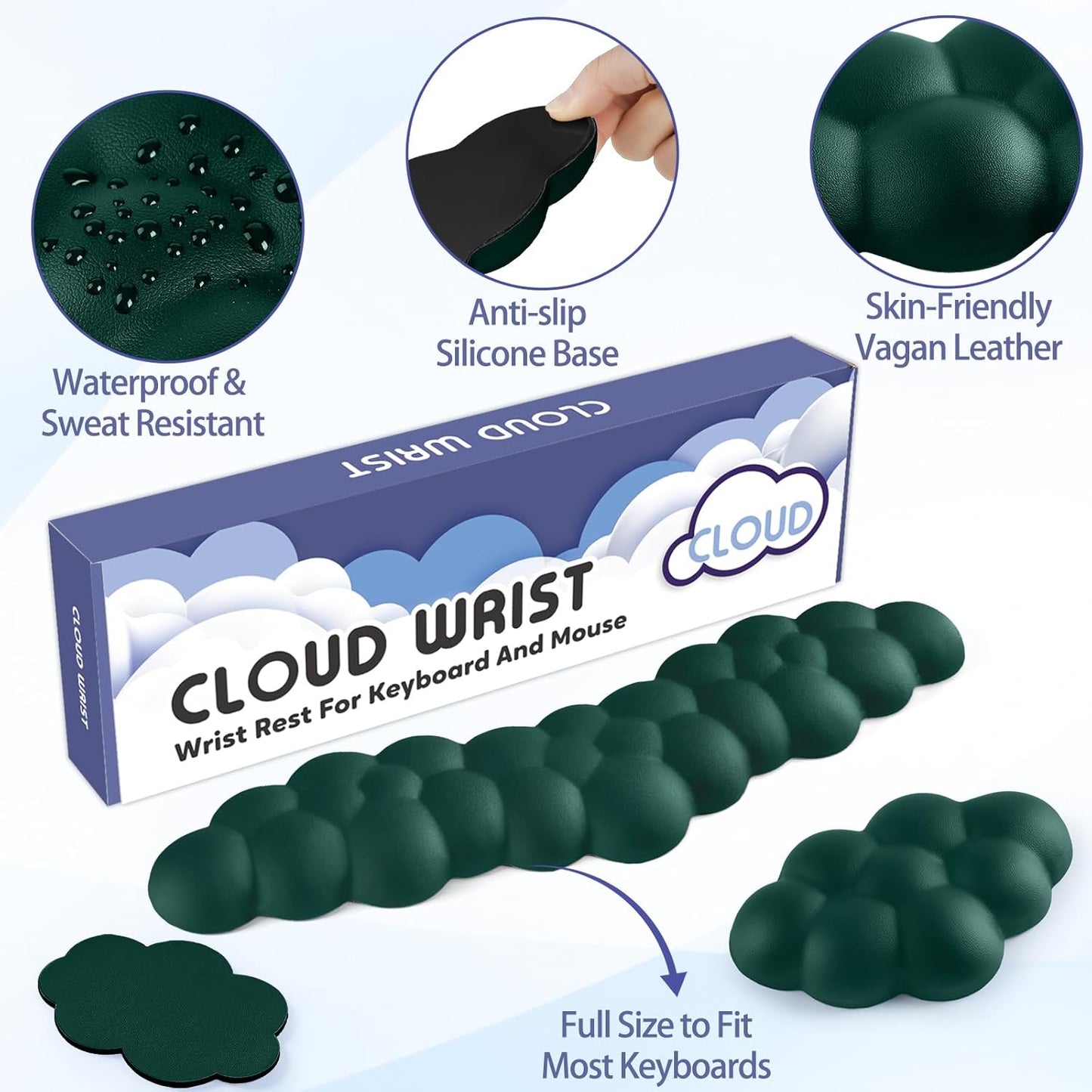 Cloud Wrist Rest for Keyboard and Mouse, Memory Foam PU Leather Keyboard Wrist Rest with Ergonomic Support, Non-Slip Base, Cute Arm Rest Pad & Palm Cushion, Office Desk Accessory, Dark Green