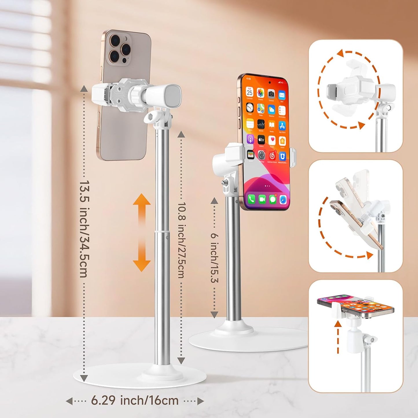Adjustable Phone Stand for Desk with Clip Mount Live Streaming: 360° Rotatable Overhead Shot Holder with Sturdy Metal Base, Compatible with TikTok, YouTube, Zoom Video Recording (White)