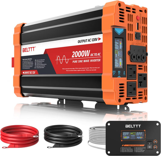BELTTT 2000W Pure Sine Wave Inverter, Car Power Inverter 12V to 120V AC Converter for RV, Truck, Solar, Outdoor with Dual AC and 20A Socket, 5V 2.1A USB, Surge 4000W, Hardwire Port, Remote Controller
