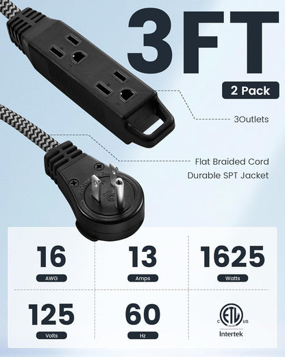 SURAIELEC 2 Pack Flat Extension Cord 3FT, 360° Rotating Plug, Braided Flat Plug with 3 Outlets, 16 AWG Thin Black Extension Cord for Indoor Use, Home, Office, Compact Spaces, ETL Listed