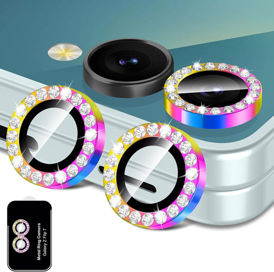 for Samsung Galaxy Z Flip 7 Camera Lens Protector, Individual Metal Ring Tempered Glass Lens Cover, [Strong Adsorption] Scratch Resistant Ultra-Thin HD Clear Lens Cover, 1 Set-Colorful Diamond