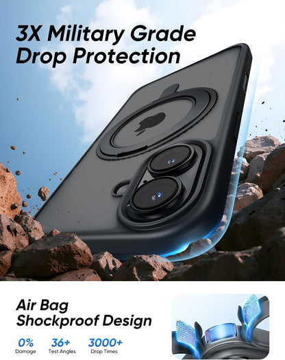 MAGIC JOHN 360° Rotatable Magnetic Invisible Stand for iPhone 16 Case [Camera Control Button] [Compatible with MagSafe] 16FT Shockof for iPhone 16 Case with Kickstand, Black