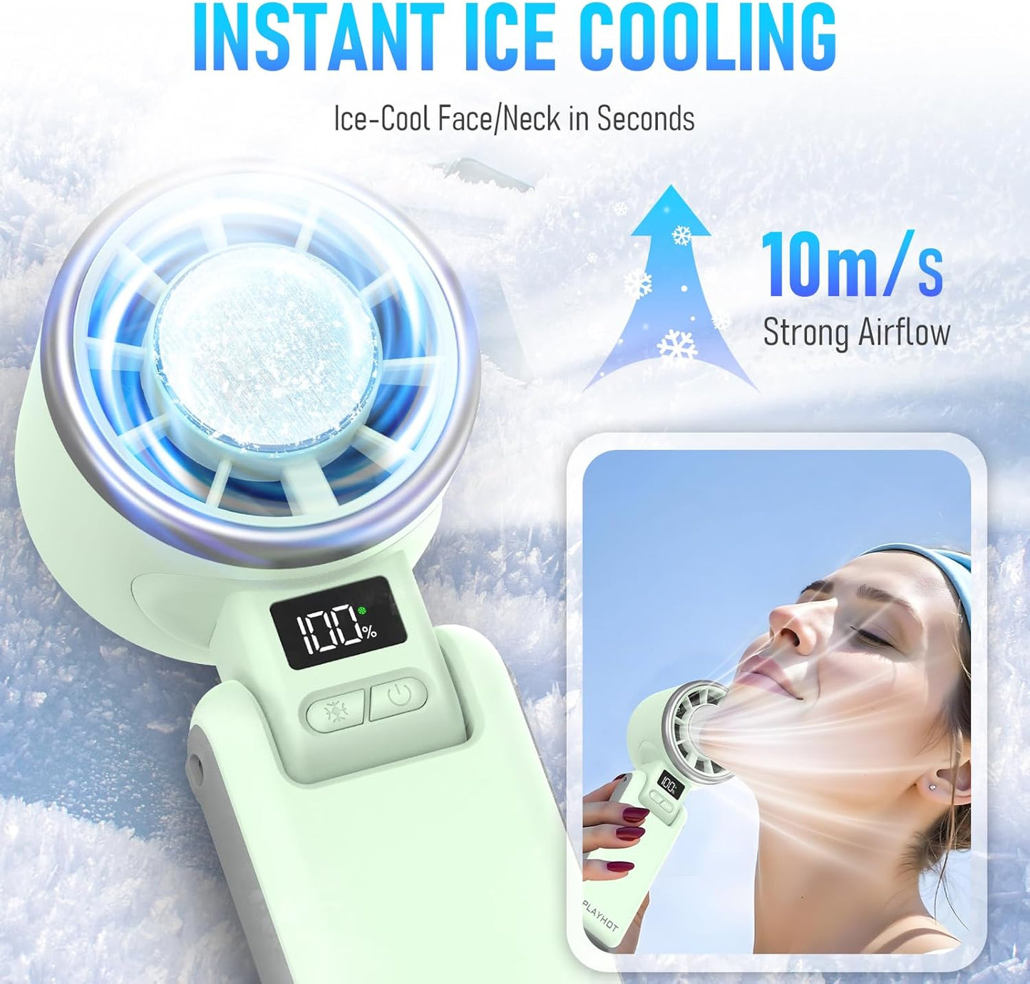Portable Handheld Turbo Fan with Ice Cooling, Rechargeable Personal Fan, Up tp 12Hrs Cooling, 5 Speed 25550RPM Powerful Portable Fan for Travel, Outdoor, Camping, Hiking (Green)