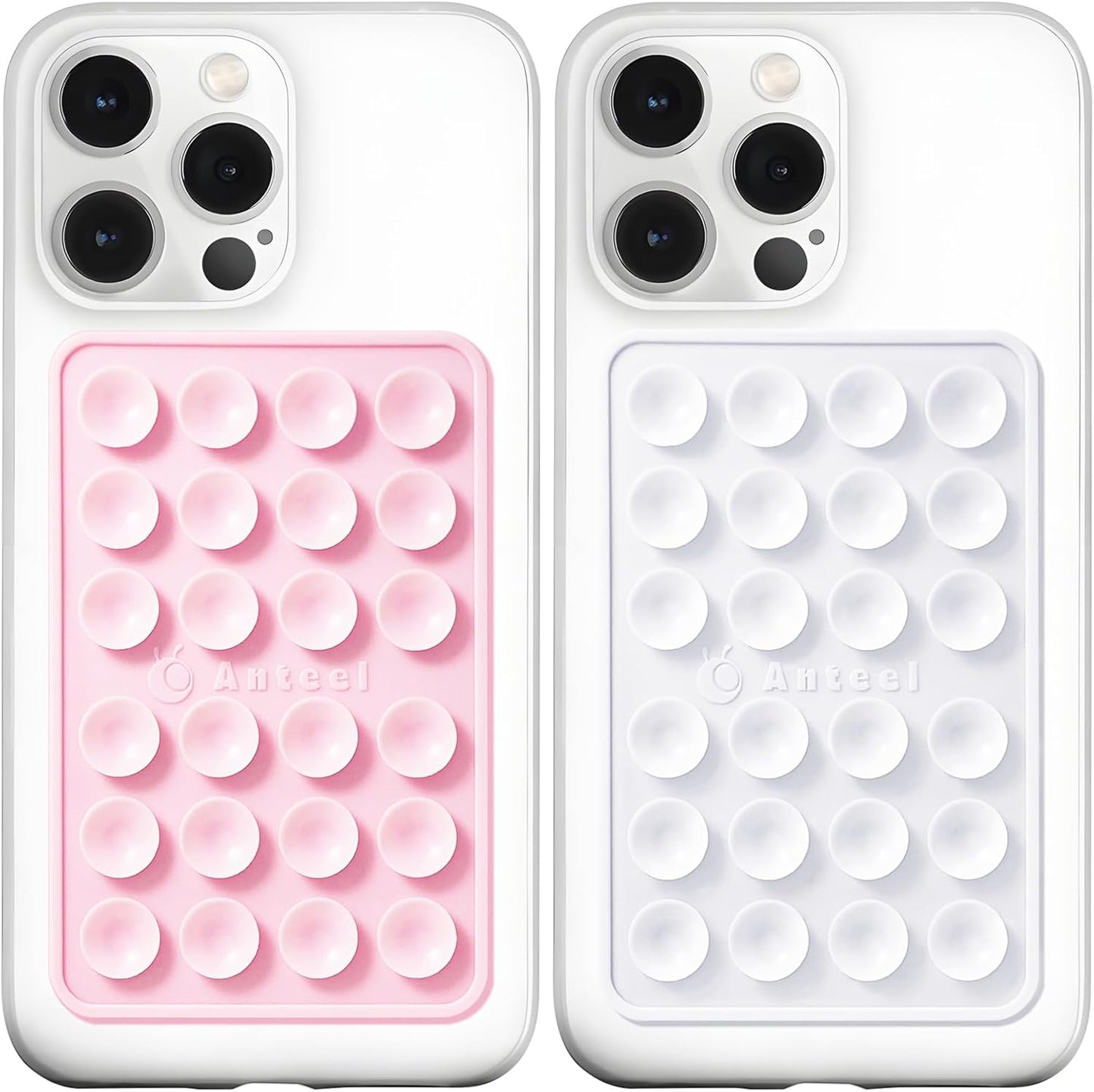 Anteel MAX Silicone Suction Phone Case Adhesive Mount, Upgraded Super Strong Grip, Durable, Easy to Use, Hands-Free Sticky Phone Holder for Selfies, Tiktok Videos, 2.56"x3.94" (LPK&WHT)
