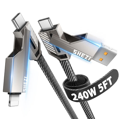 [One is Enough] 4-in-1 Compatible with USB C to Lightning Cable, 240W High-Speed Charging & Fast Data Transfer,CarPlay & Android Auto Support Multi Charger Cord Combo for iPhone/Samsung/iPad,5FT