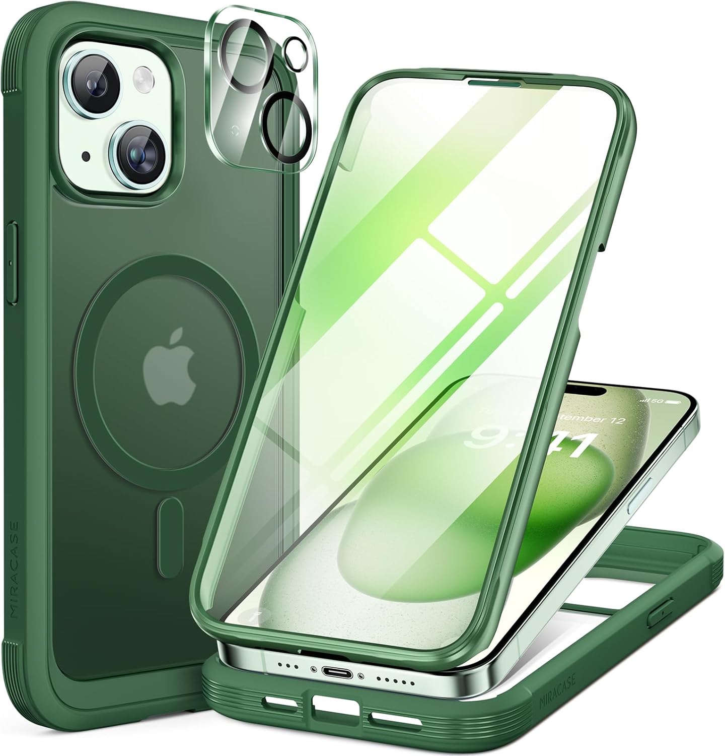 Miracase Glass Series for iPhone 15 Case [Compatible with MagSafe] Full-Body Magnetic Case with Built-in 9H Tempered Glass Anti-Fingerprint Screen Protector + Camera Lens Protector, Matte Green
