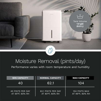 hOmeLabs 40 Pint Dehumidifier with Pump for up to 6,000 Sq Ft Rooms (MAX 104 Pint at 95°F, 90% RH) – Powerful Moisture Removal for Medium to Large Rooms and Basements
