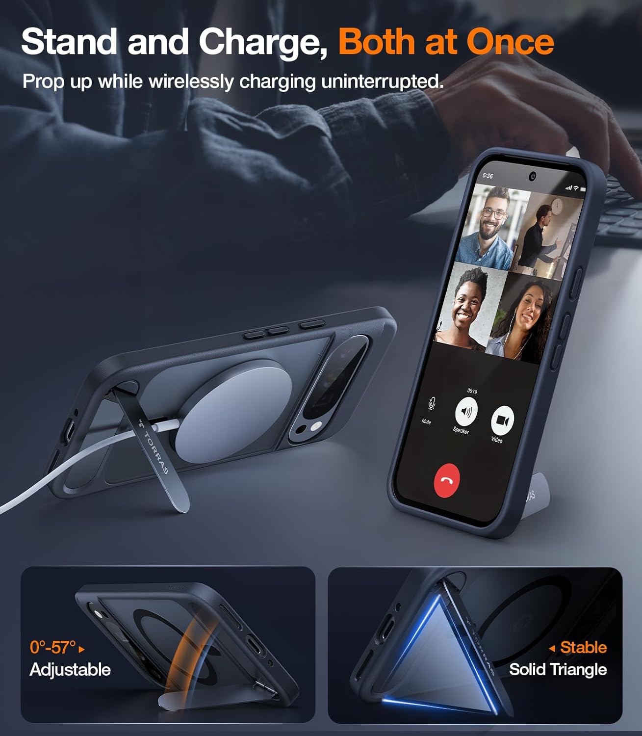 TORRAS Magnetic & Stand for Google Pixel 9 Pro XL Case, Fit for MagSafe, 12FT Mil-Grade Drop Protection, Slim Fit for Google Pixel 9 Pro XL Phone Case with Built-in Kickstand, Translucent Matte Black