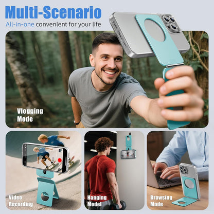 Phone Tripod Stand, Aluminum Alloy Mini Tripod Compatible with Magsafe iPhone 16/15/14/13/12 Series, Foldable Strong Magnetic Phone Stand, Mult-Angle Adjustment Selfie Stick (Ocean Blue)
