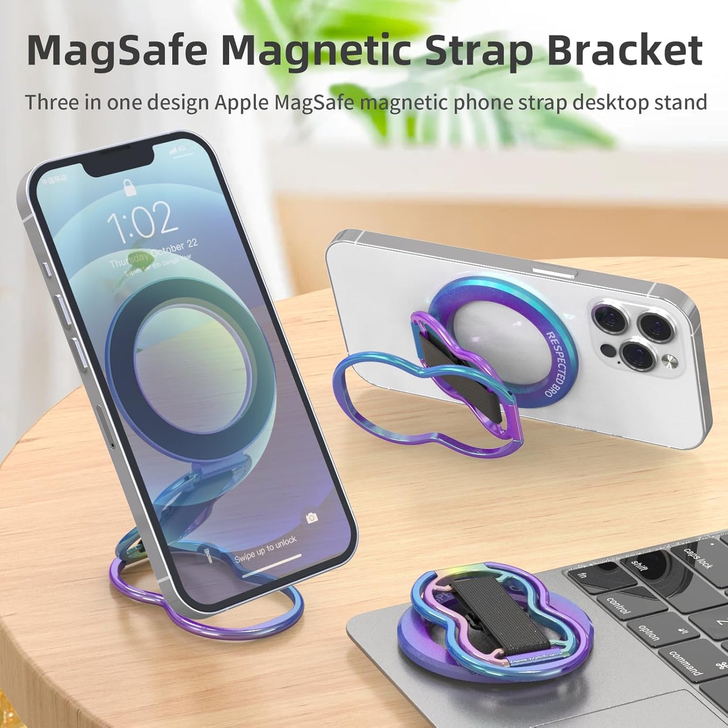 Magnetic-Phone-Grip-Stand-with-Finger-Strap, 4-in-1 Magnetic Ring Holder, Kickstand and Elastic Strap for Smartphones, Universal Fit for iPhone, Android, and Cases (Colorful)