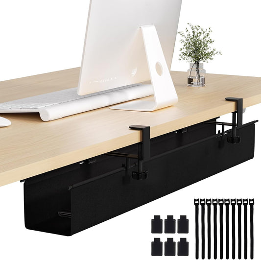 Under Desk Cable Management Tray 39.7" - No Drill Computer Wire Organizer Cable Tray, Cord Hider Clamp Mount with 16X Cable Ties PC Cables Management Cord Holder for Office/Home (Upgrade Fabric,Black)
