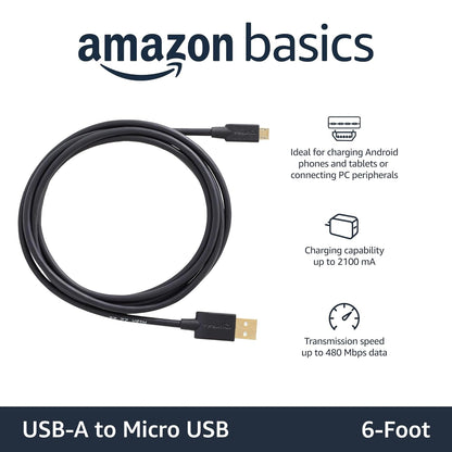 Amazon Basics 2-Pack USB-A to Micro USB Charging Cable, 480Mbps Transfer Speed with Gold-Plated Plugs, USB 2.0, 6 Foot, Black