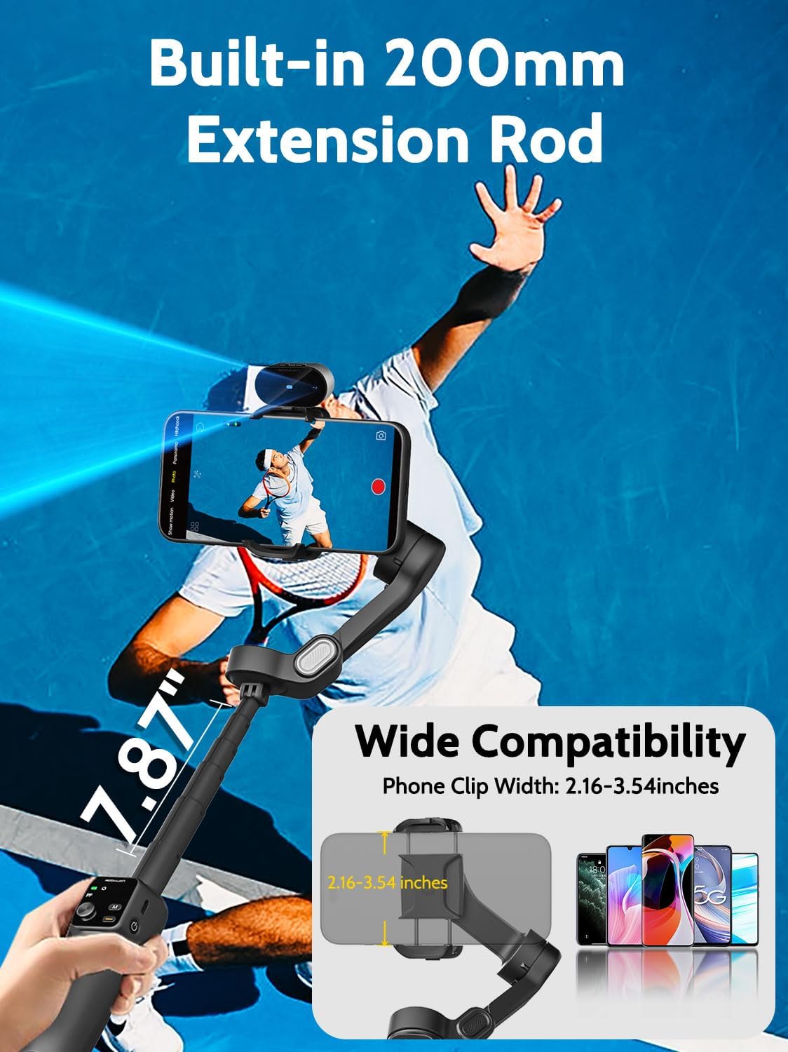 3-Axis Gimbal Stabilizer for iPhone & Android,NO APP AI Tracking,7.8' Built-in Extension Rod,Phone Stabilizer for Video Recording,OLED Display,Trigger Button,Sport,Vlogging(Smart V8 AI Black)