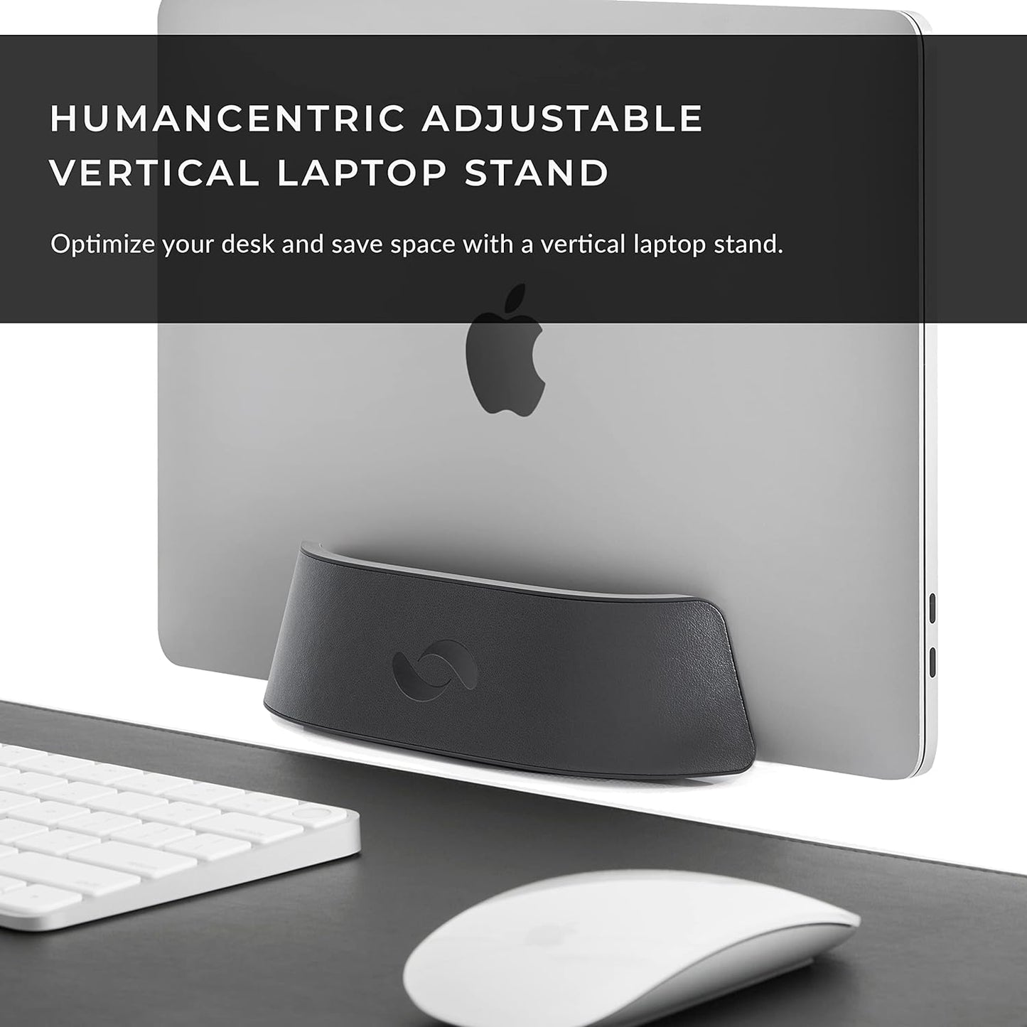 HumanCentric Vertical Laptop Stand in Vegan Black Leather, Upright Adjustable Holder and Dock, Laptop Vertical Stand Fits MacBook Pro and Other Laptops .5" to 1.5", Clamshell Compatible