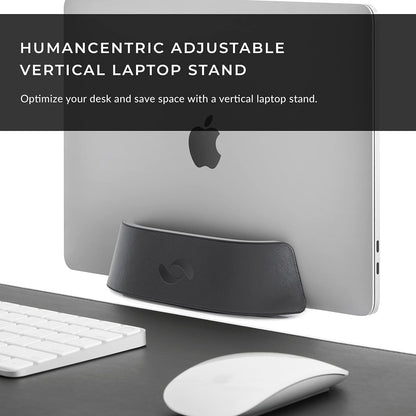 HumanCentric Vertical Laptop Stand in Vegan Black Leather, Upright Adjustable Holder and Dock, Laptop Vertical Stand Fits MacBook Pro and Other Laptops .5" to 1.5", Clamshell Compatible