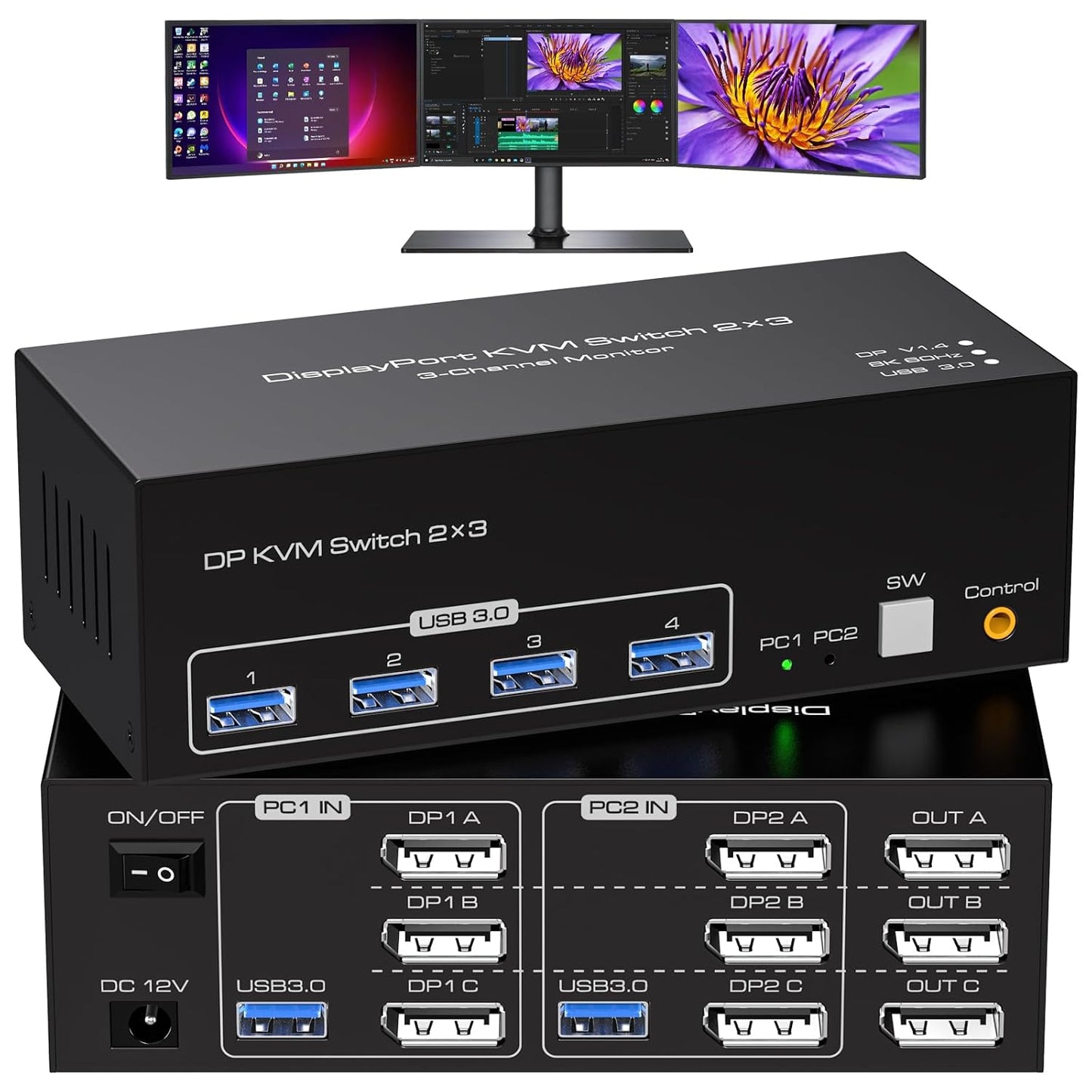 8K Displayport KVM Switch 3 Monitors 2 Computers 4K 120Hz DP KVM Switches Triple Monitor for 2 PC Share 4 USB 3.0 Ports Support Extended & Copy Display Mode Wired Controller and 12V Adapter