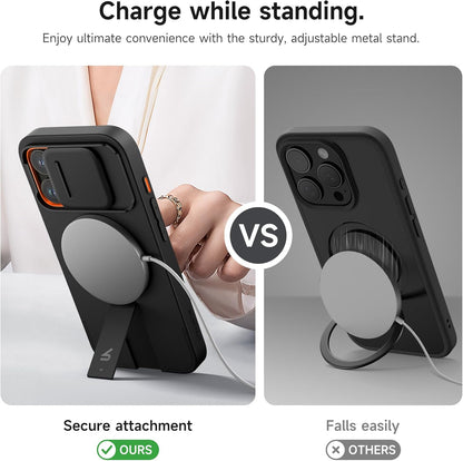 SURITCH for iPhone 15 Pro Case with Magnetic Camera Slide Cover and Adjustable Kickstand, Compatible with MagSafe, Shockproof Bumper Case Slim Protective Cover 6.1 Inch, Black
