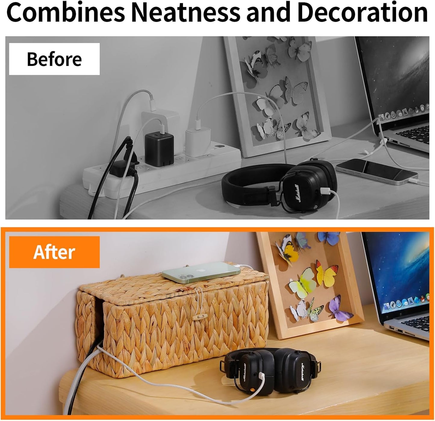 Cable Management Box,Hand-Woven Water Hyacinth Decorative Cord Organizer,2 Side Open Slots Wicker Cable Box to Hide Cords and Power Strip,for Desk, Floor, Office,2 Pack