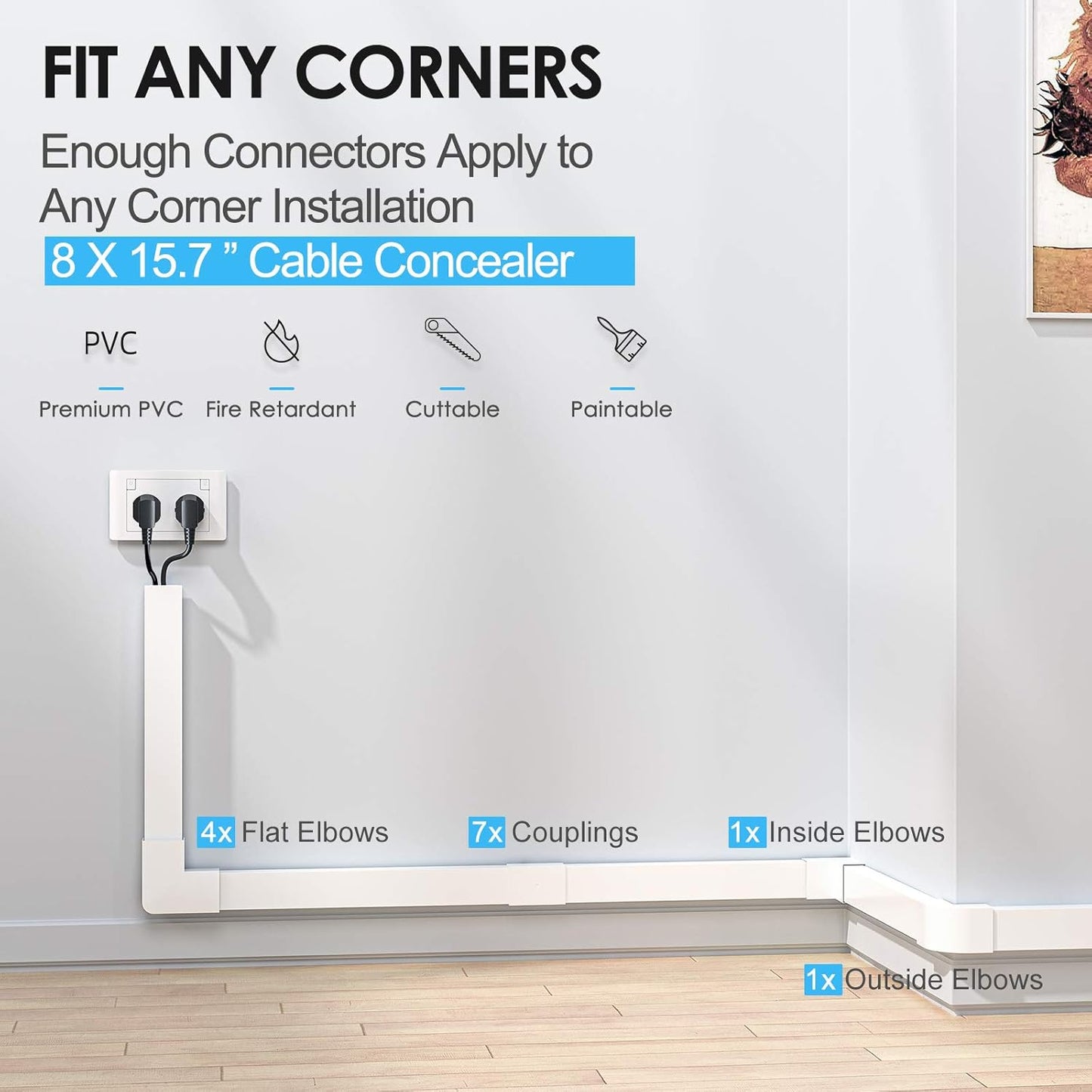 Yecaye Large Cord Hider for 3-4 Wires, Paintable Cord Cover Wall Cable Management System, PVC Wire Hide, Cable Raceway Kit for Wall Mount TV, W1.18in H0.67in, White