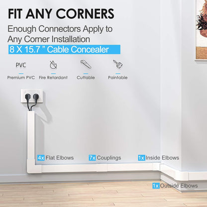 Yecaye Large Cord Hider for 3-4 Wires, Paintable Cord Cover Wall Cable Management System, PVC Wire Hide, Cable Raceway Kit for Wall Mount TV, W1.18in H0.67in, White