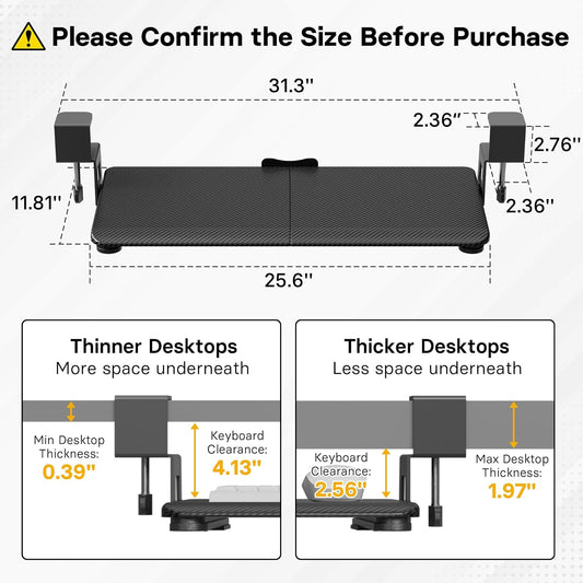 BONTEC KMT01 Under Desk Keyboard Tray, Pull-Out Keyboard & Mouse Platform with C-Clamp, 25.6 x 11.8 in Space-Saving Ergonomic Slide-Out Drawer, Black Carbon Fiber