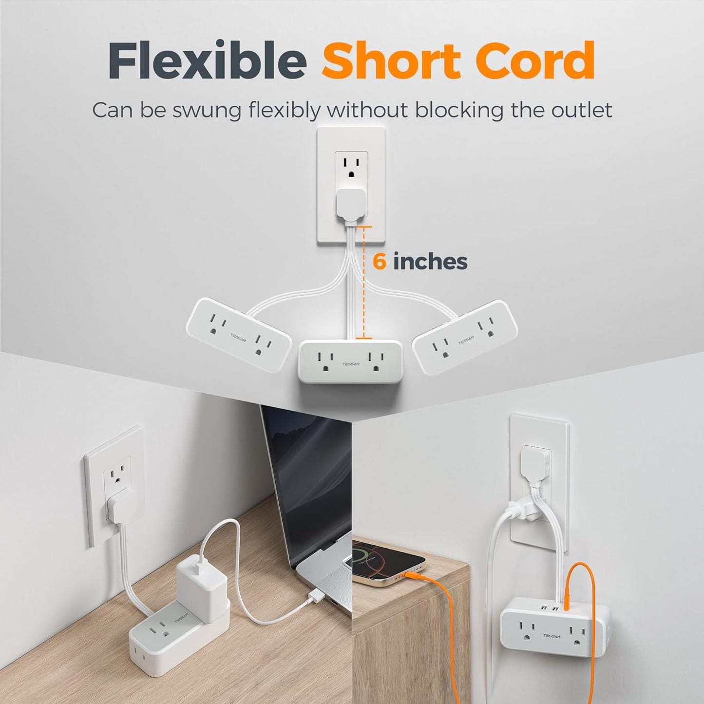 TESSAN Multi Plug Wall Outlet Extender, 6 inch Short Extension Cord, Flat Plug Splitter with 4 AC 3 USB (1 USB C) Charging Ports, Multiple Outlet Small Power Strip for Home Office Dorm Room