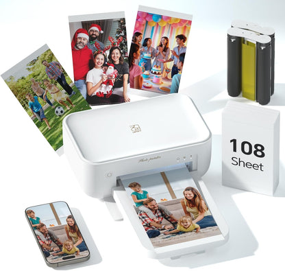 4x6 Photo Printer with 108 Sheets & 2 Color Ribbons - Dye Sublimation Wireless Portable Photo Printer for iPhone & Android Smartphones, Home & Travel Picture Printing, Ideal Gift, White