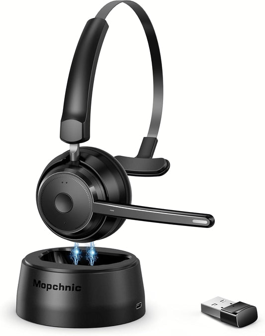 Bluetooth Headset, Wireless Headphone with AI Noise-Canceling Microphone for Computer, On Ear Bluetooth Headset with USB Dongle for Office Call Center Skype Zoom Meeting Online Class (Black)