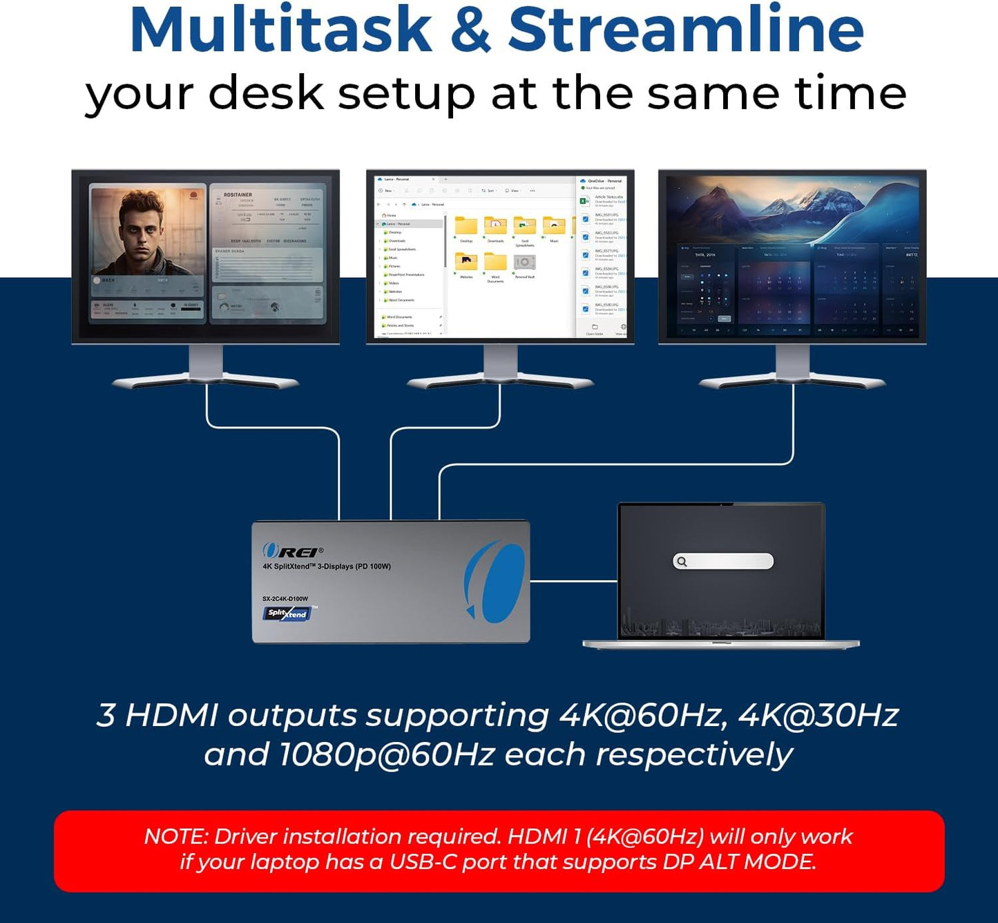 OREI SplitExtend Laptop Docking Station 3 Monitors - 2X USB 3.0, 1x Type-C, SD Card Reader - USB C Docking Station to HDMI 2.0 Extended Screen, 4K@30Hz Outputs - 100W PD