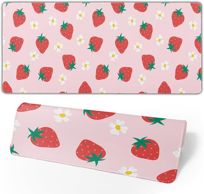 Gaming Mouse Pad Strawberry Desk Mat for Desktop Long Computer Keyboard Desk Pad Mouse Mat with Non-Slip Rubber Base Stitched Edges for Computer Home Office Gaming 31.5×11.8